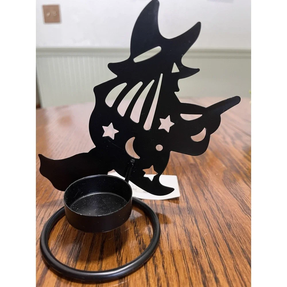 Metal Witch on Broom Tea Light Candle Holder Shadow Caster Halloween 2001